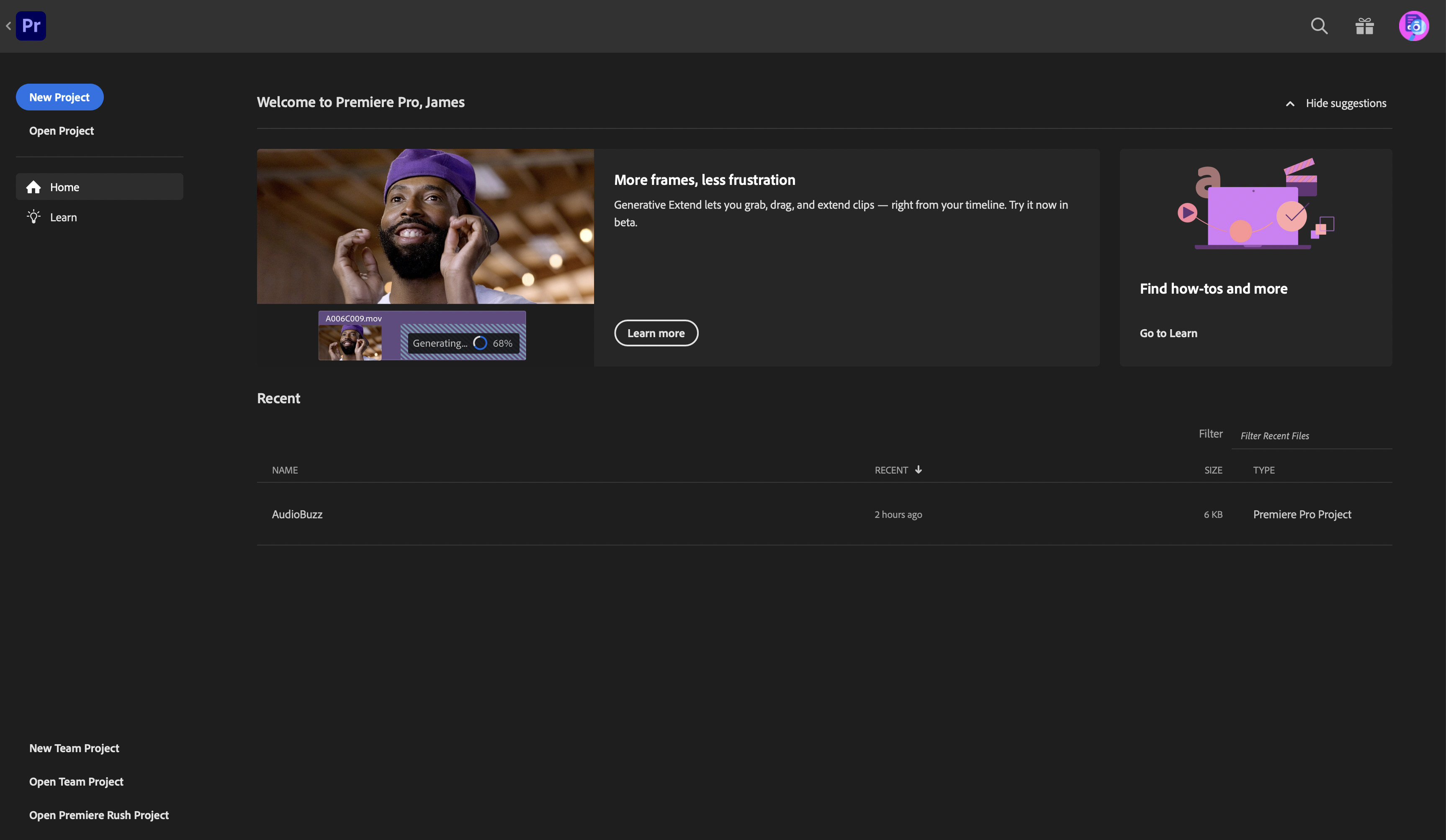 How to use Adobe Premiere Pro - An image of the new project screen