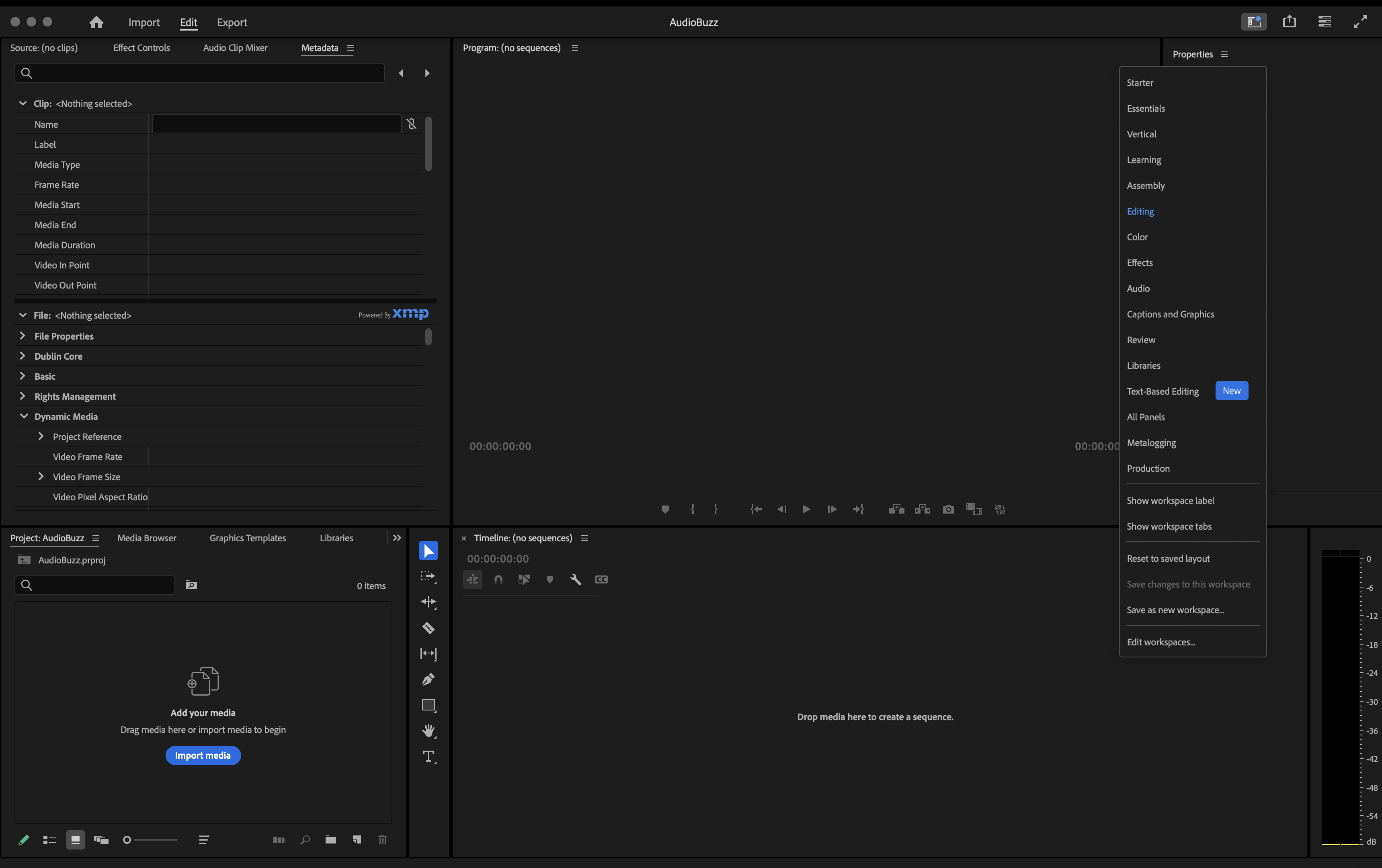 How to use Adobe Premiere Pro - An image of the Premiere Pro Workspaces menu